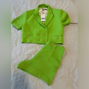 Zara Textured Neon Double Breasted Crop blazer & short set